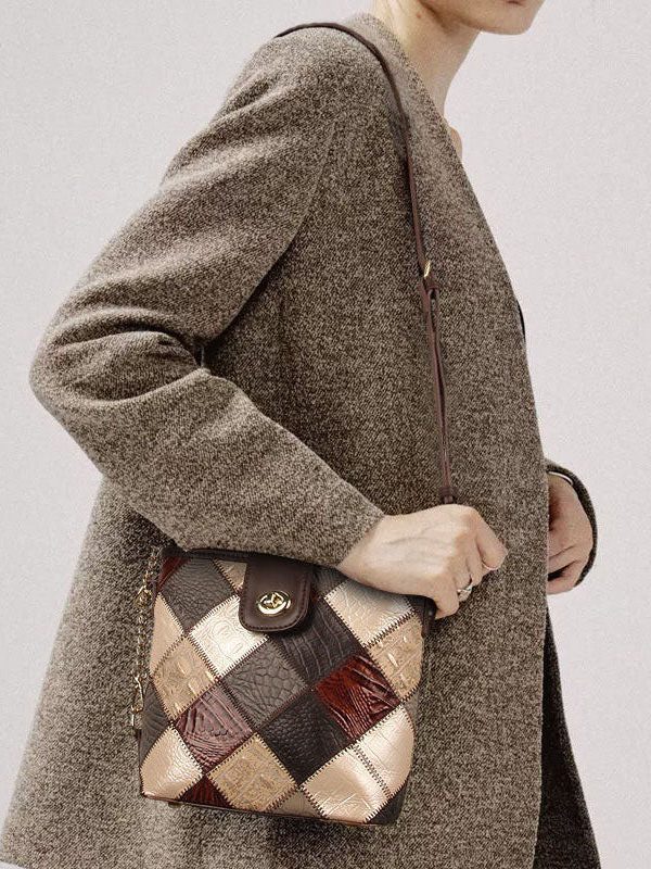 Boutique Coffee Plaid Patchwork Calf Leather Messenger Bag