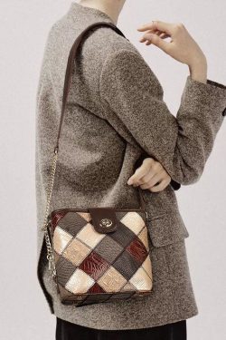 Boutique Coffee Plaid Patchwork Calf Leather Messenger Bag