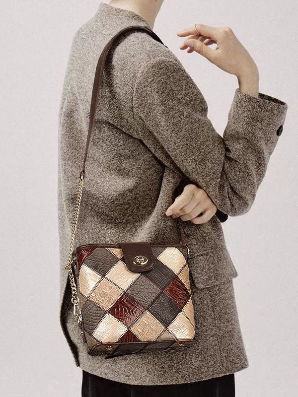Boutique Coffee Plaid Patchwork Calf Leather Messenger Bag