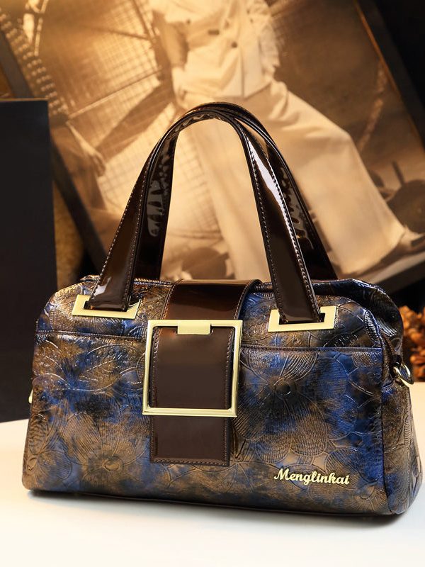 Boutique Coffee Purple Embossed Durable Calf Leather Tote Handbag