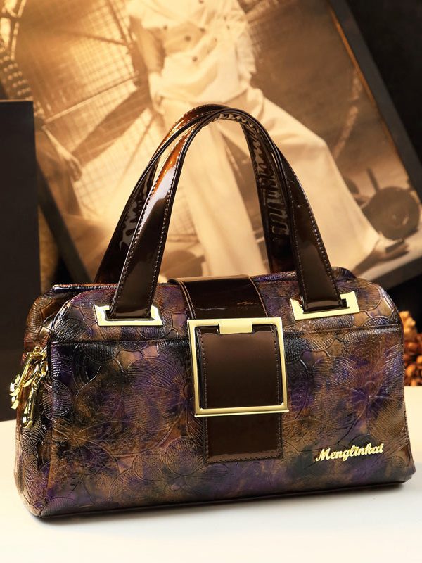 Boutique Coffee Purple Embossed Durable Calf Leather Tote Handbag