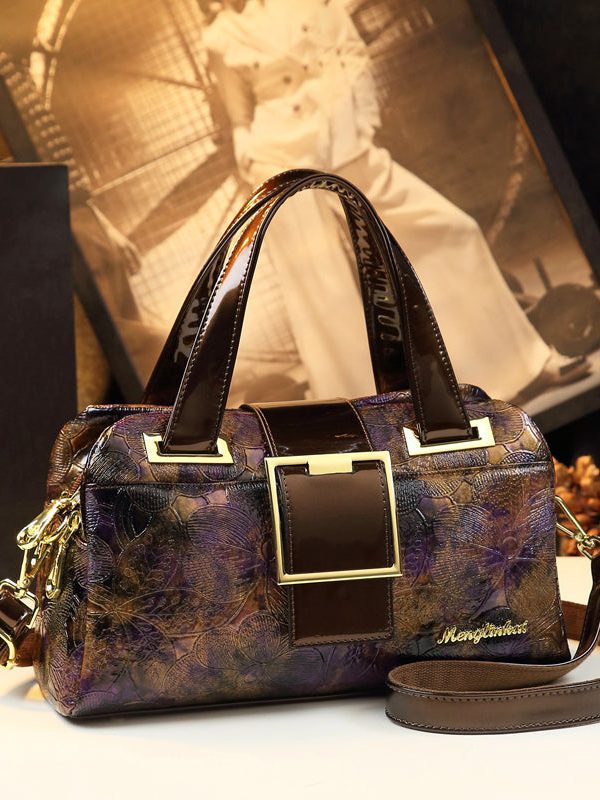 Boutique Coffee Purple Embossed Durable Calf Leather Tote Handbag