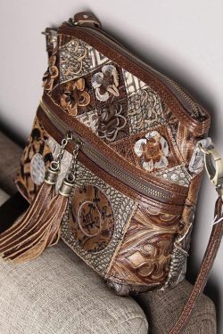 Boutique Coffee Tassel Patchwork Zip Up Calf Leather Satchel Bag Handbag