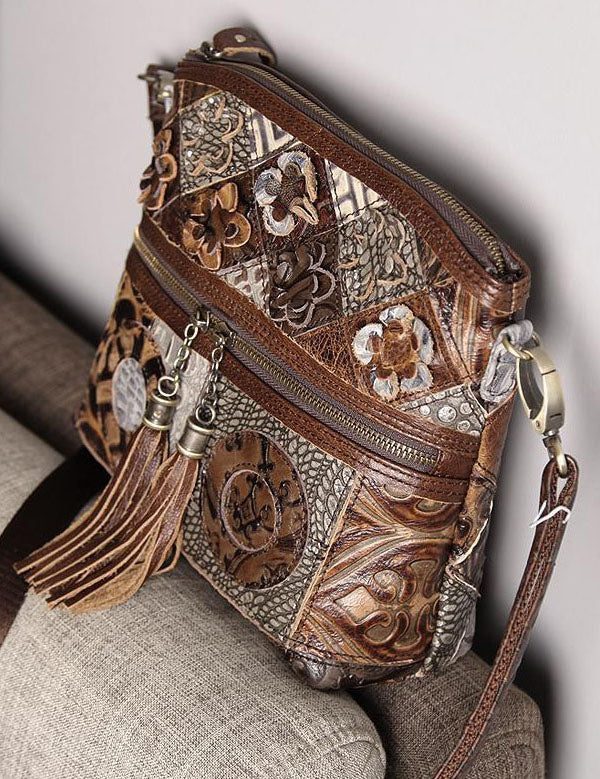 Boutique Coffee Tassel Patchwork Zip Up Calf Leather Satchel Bag Handbag