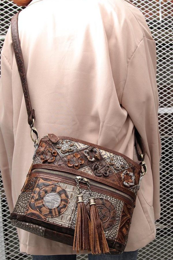 Boutique Coffee Tassel Patchwork Zip Up Calf Leather Satchel Bag Handbag