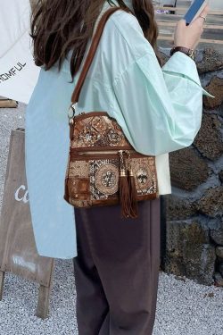 Boutique Coffee Tassel Patchwork Zip Up Calf Leather Satchel Bag Handbag