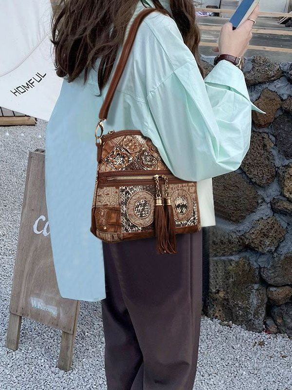 Boutique Coffee Tassel Patchwork Zip Up Calf Leather Satchel Bag Handbag