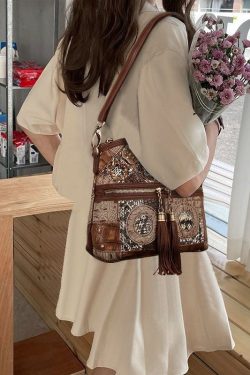Boutique Coffee Tassel Patchwork Zip Up Calf Leather Satchel Bag Handbag