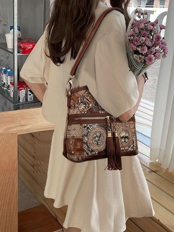 Boutique Coffee Tassel Patchwork Zip Up Calf Leather Satchel Bag Handbag
