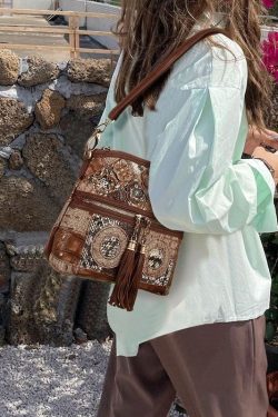 Boutique Coffee Tassel Patchwork Zip Up Calf Leather Satchel Bag Handbag