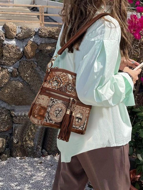 Boutique Coffee Tassel Patchwork Zip Up Calf Leather Satchel Bag Handbag
