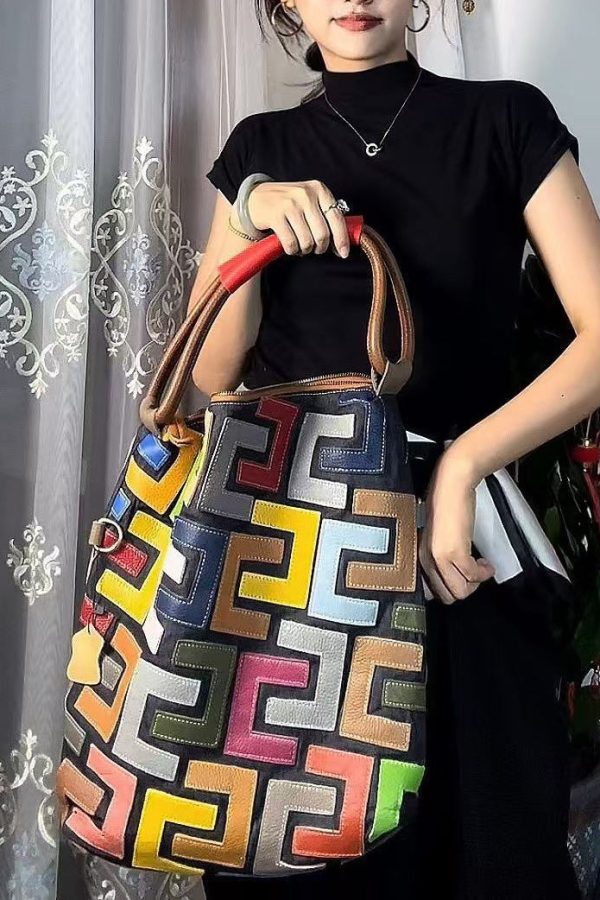 Boutique Colorblock Calf Leather Large Capacity Satchel Handbag