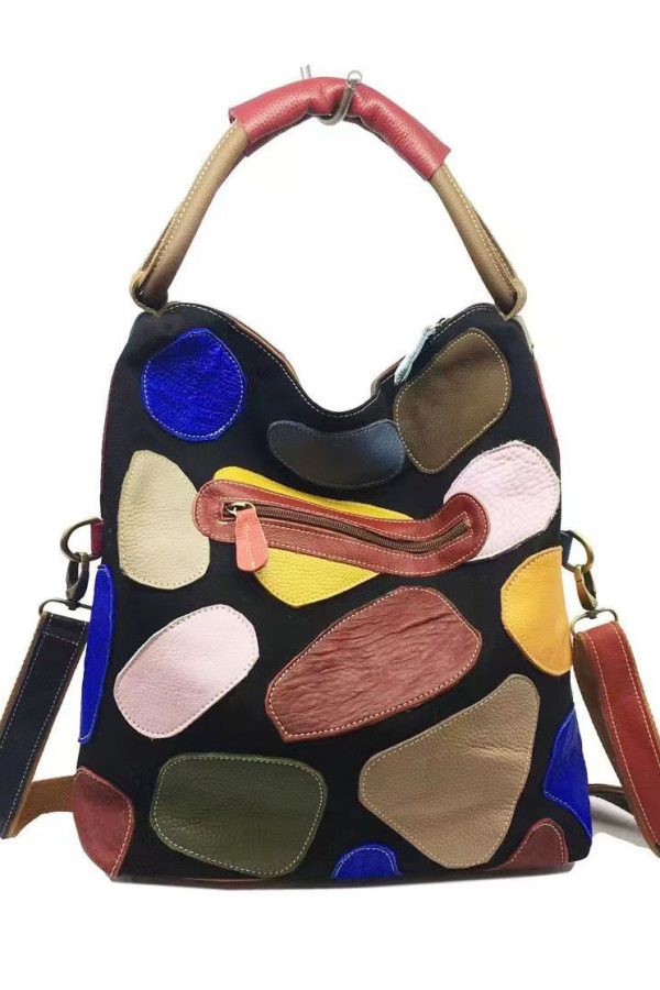 Boutique Colorblock Calf Leather Large Capacity Satchel Handbag