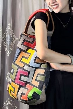 Boutique Colorblock Calf Leather Large Capacity Satchel Handbag