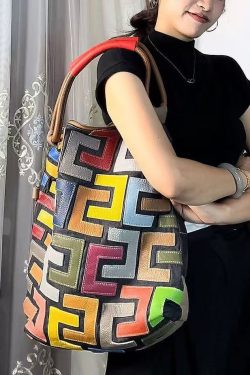 Boutique Colorblock Calf Leather Large Capacity Satchel Handbag