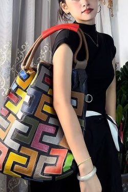 Boutique Colorblock Calf Leather Large Capacity Satchel Handbag