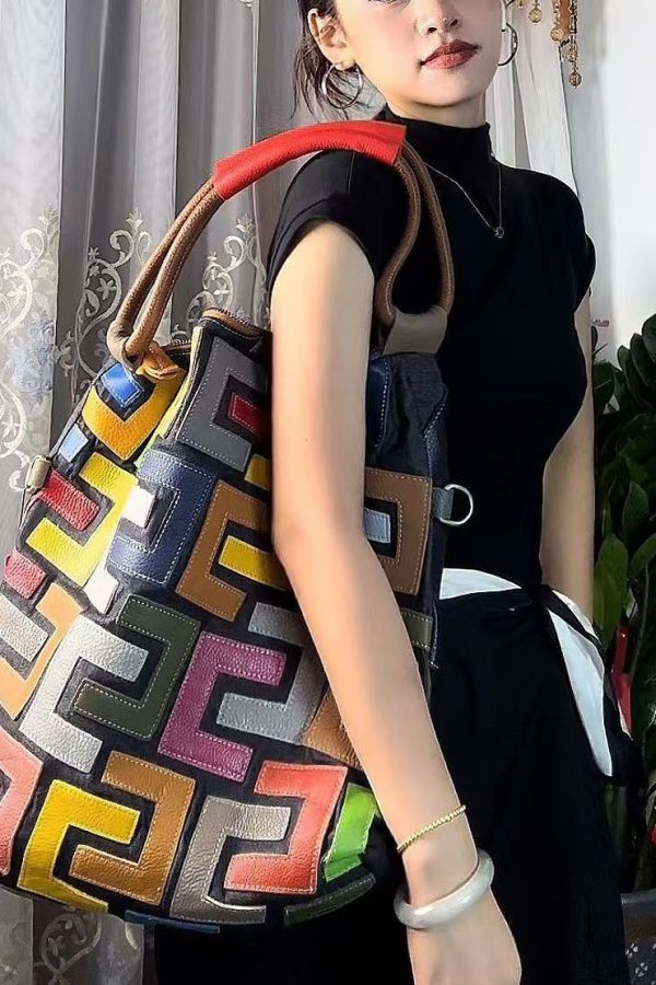 Boutique Colorblock Calf Leather Large Capacity Satchel Handbag