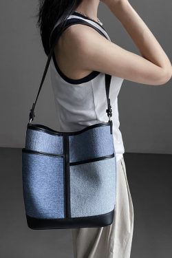 Boutique Denim Blue Patchwork Calf Leather Satchel Handbag