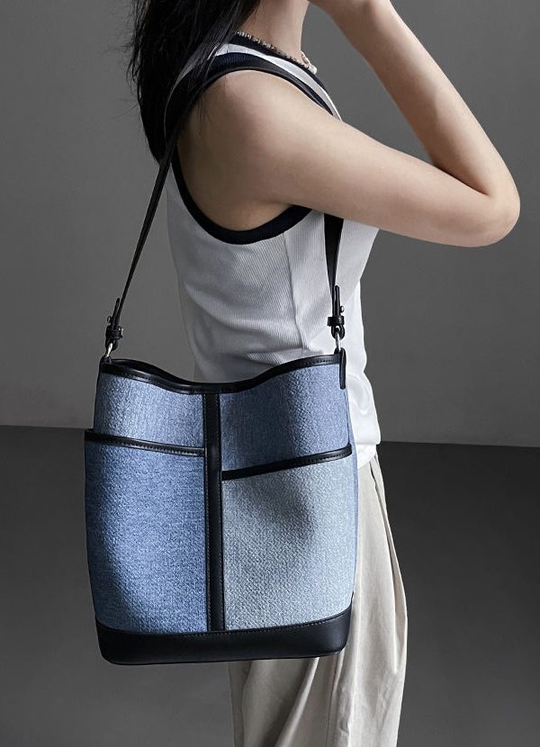 Boutique Denim Blue Patchwork Calf Leather Satchel Handbag