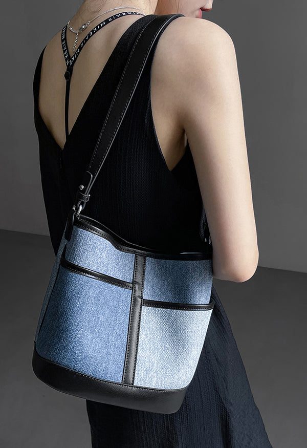 Boutique Denim Blue Patchwork Calf Leather Satchel Handbag