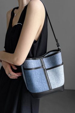 Boutique Denim Blue Patchwork Calf Leather Satchel Handbag