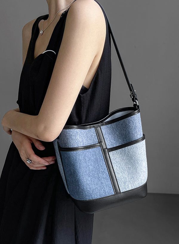 Boutique Denim Blue Patchwork Calf Leather Satchel Handbag