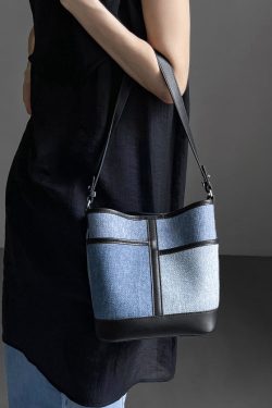 Boutique Denim Blue Patchwork Calf Leather Satchel Handbag