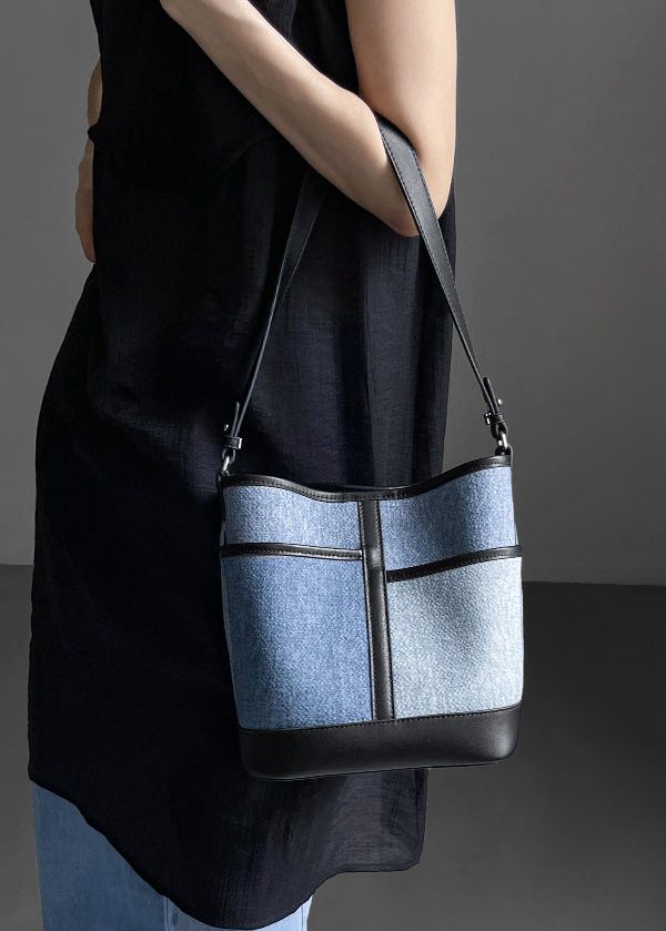 Boutique Denim Blue Patchwork Calf Leather Satchel Handbag