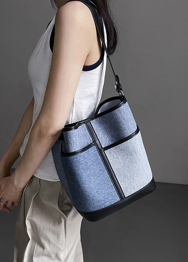 Boutique Denim Blue Patchwork Calf Leather Satchel Handbag