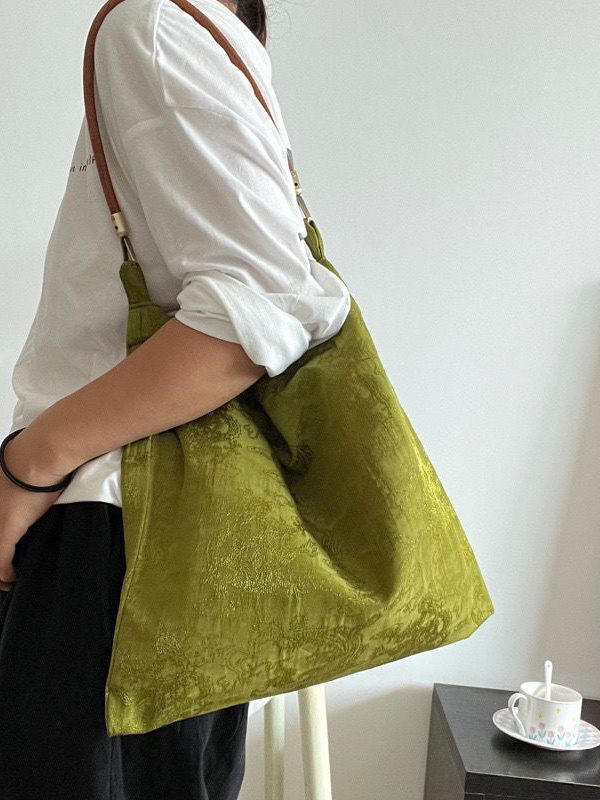 Boutique Green Jacquard Silk Vintage Satchel Handbag