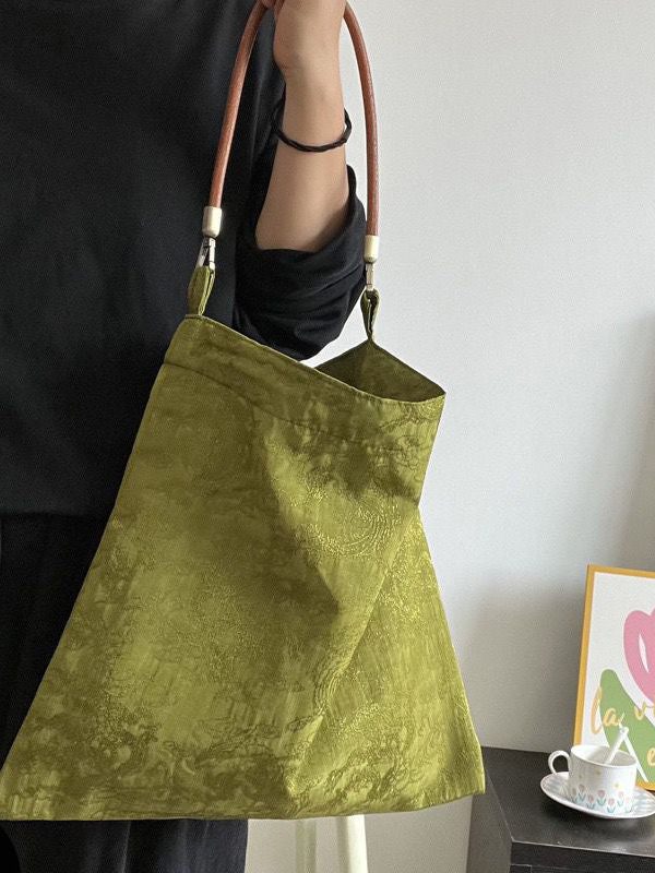 Boutique Green Jacquard Silk Vintage Satchel Handbag