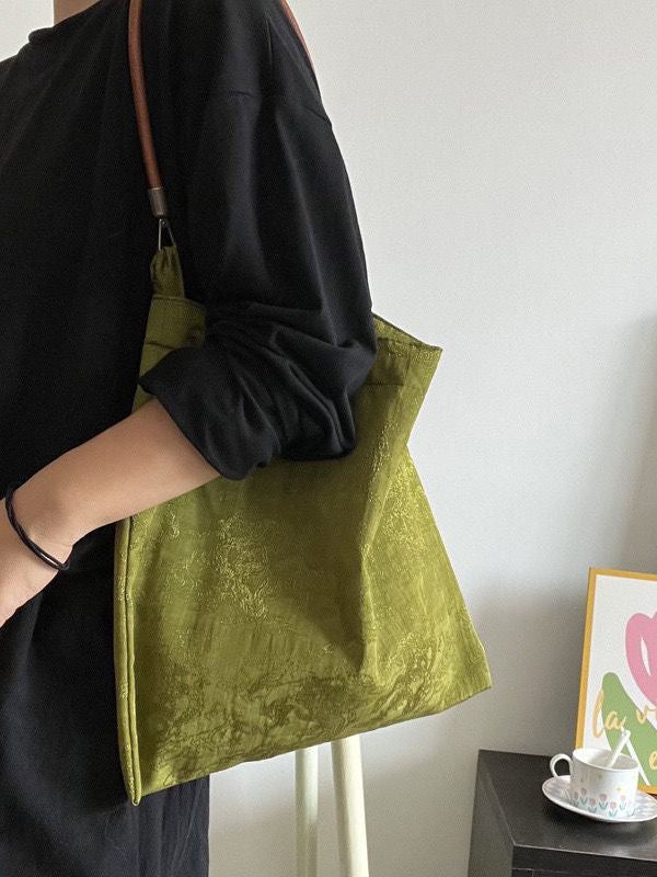 Boutique Green Jacquard Silk Vintage Satchel Handbag