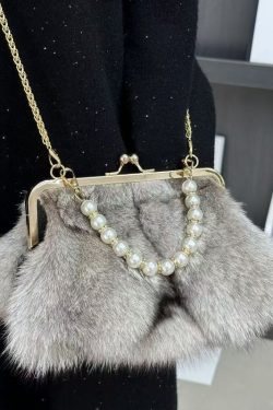 Boutique Grey Fuzzy Fur Fluffy Chain Linked Messenger Bag