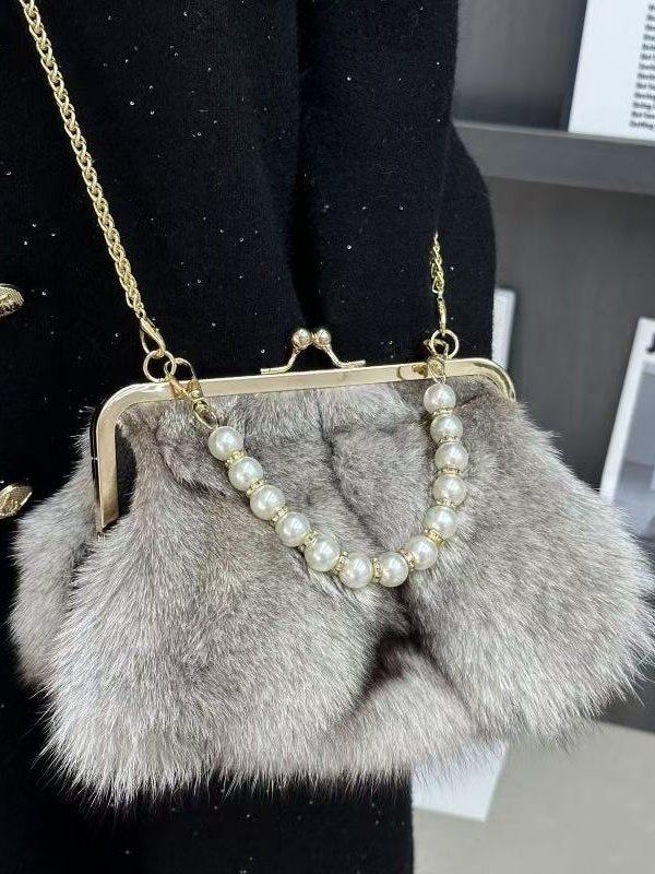 Boutique Grey Fuzzy Fur Fluffy Chain Linked Messenger Bag