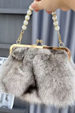Boutique Grey Fuzzy Fur Fluffy Chain Linked Messenger Bag