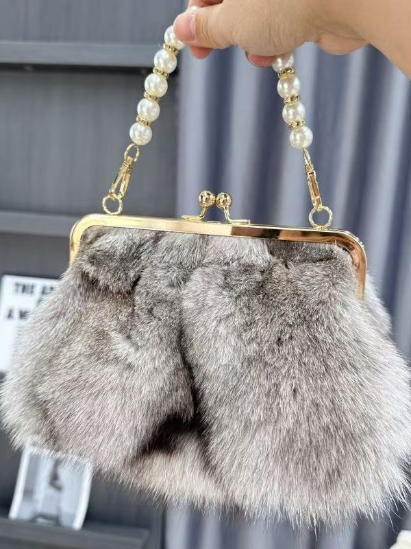 Boutique Grey Fuzzy Fur Fluffy Chain Linked Messenger Bag