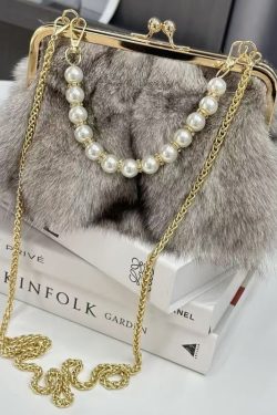 Boutique Grey Fuzzy Fur Fluffy Chain Linked Messenger Bag