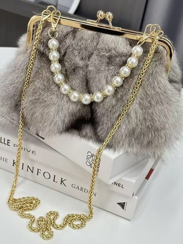 Boutique Grey Fuzzy Fur Fluffy Chain Linked Messenger Bag