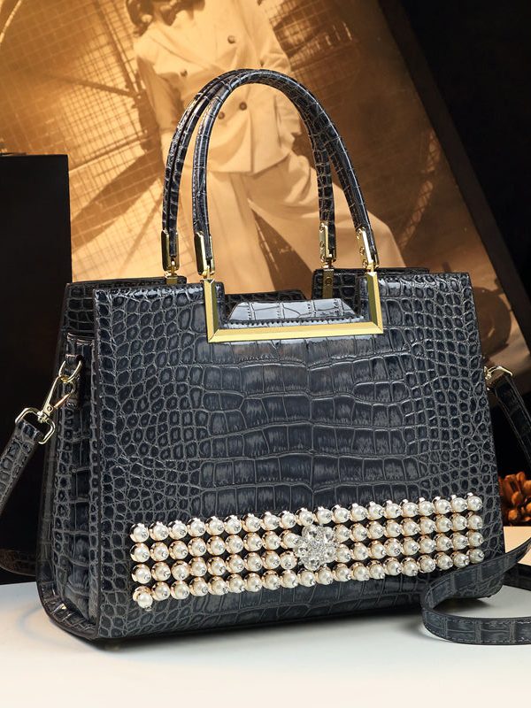 Boutique Grey Zircon Large Capacity Faux Leather Tote Handbag