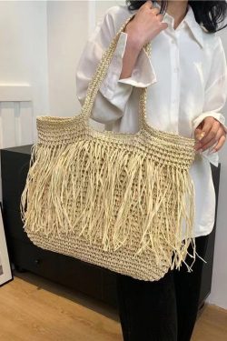 Boutique Khaki Handmade Straw Woven Tassel Shoulder Bag