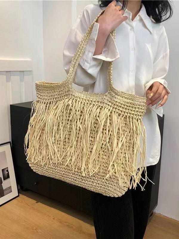 Boutique Khaki Handmade Straw Woven Tassel Shoulder Bag