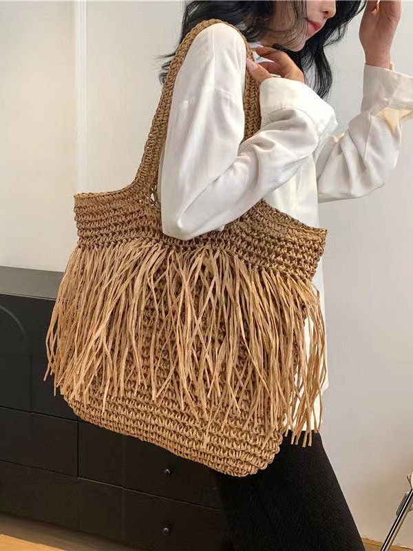 Boutique Khaki Handmade Straw Woven Tassel Shoulder Bag