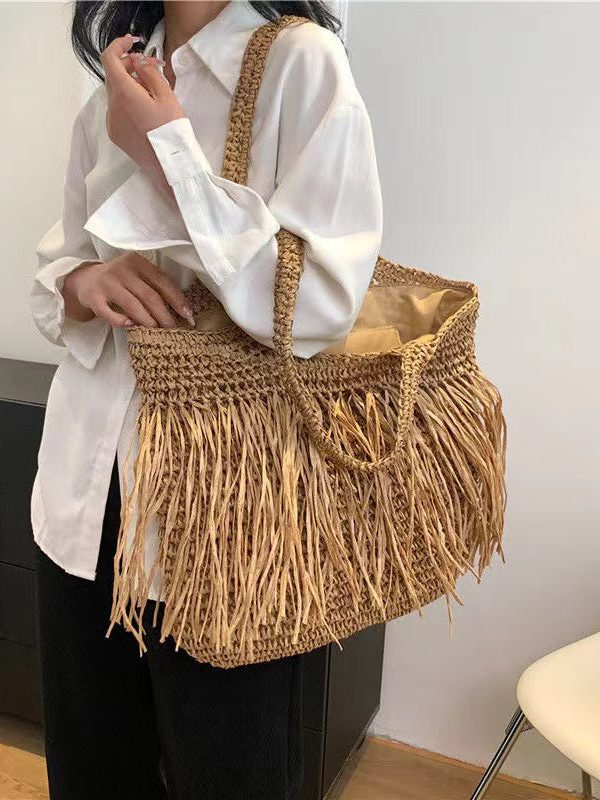 Boutique Khaki Handmade Straw Woven Tassel Shoulder Bag