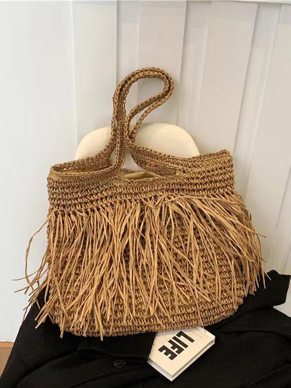Boutique Khaki Handmade Straw Woven Tassel Shoulder Bag