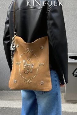 Boutique Light Camel Embroidered Large Capacity Suede Women Handbags