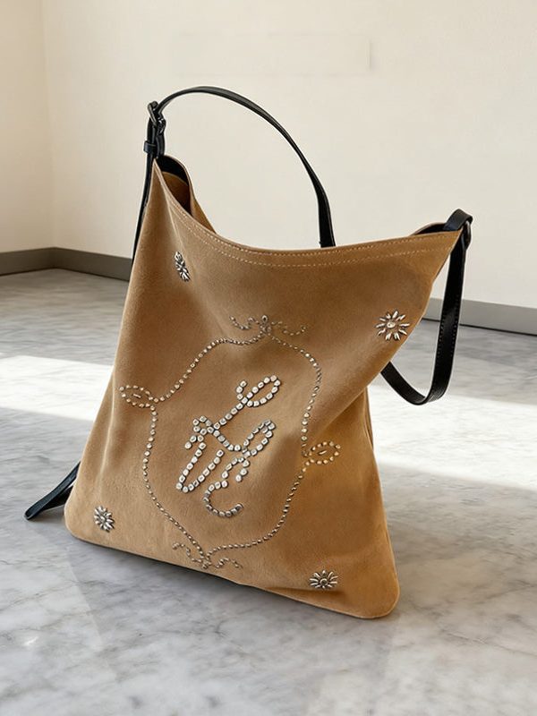 Boutique Light Camel Embroidered Large Capacity Suede Women Handbags