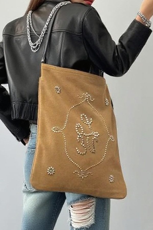 Boutique Light Camel Embroidered Large Capacity Suede Women Handbags