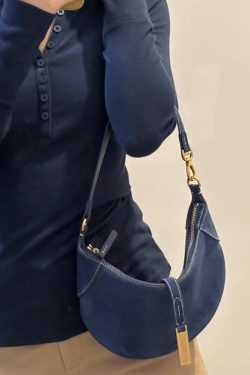 Boutique Navy Solid Durable Fine Suede Saddle Bag