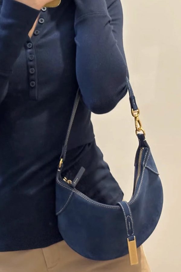Boutique Navy Solid Durable Fine Suede Saddle Bag