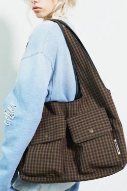 Boutique Plaid Pockets Canvas Large Capacity Shoulder Bag